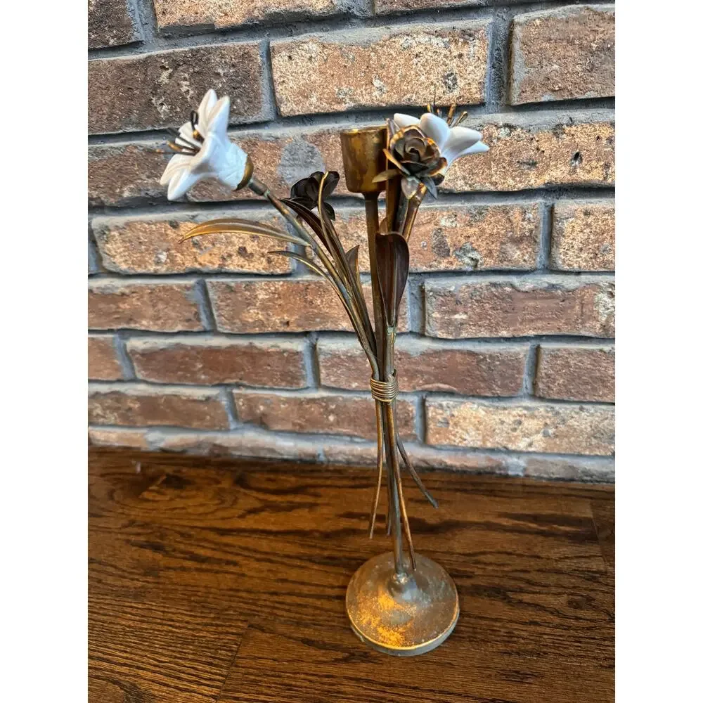 VINTAGE French Ceramic Lilies Bronze Tone Rose Hollywood Regency Candle Holder